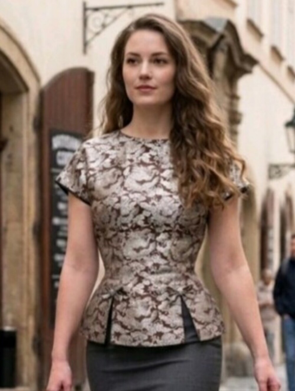 Vintage Chinese Brown With Silver Metallic Print Peplum Blouse.